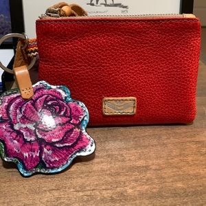 Consuela red leather pouch with rose key chain